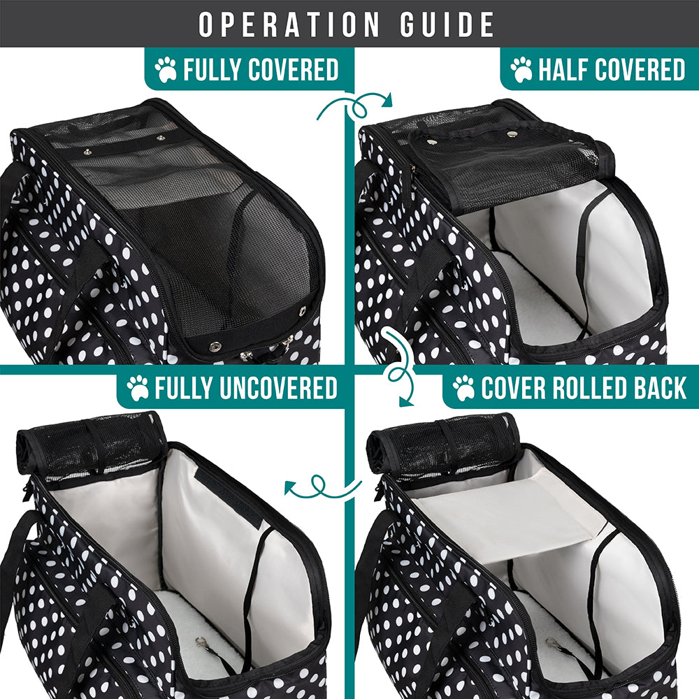 Small Dog Purse Carrier, Soft-Sided Pet Carrier Bag Pockets, Portable Medium Dog Puppy Large Cat Travel Handbag Tote, Airline Approved Breathable Mesh Poop Dispenser Sherpa Bed, Polka Dot Black