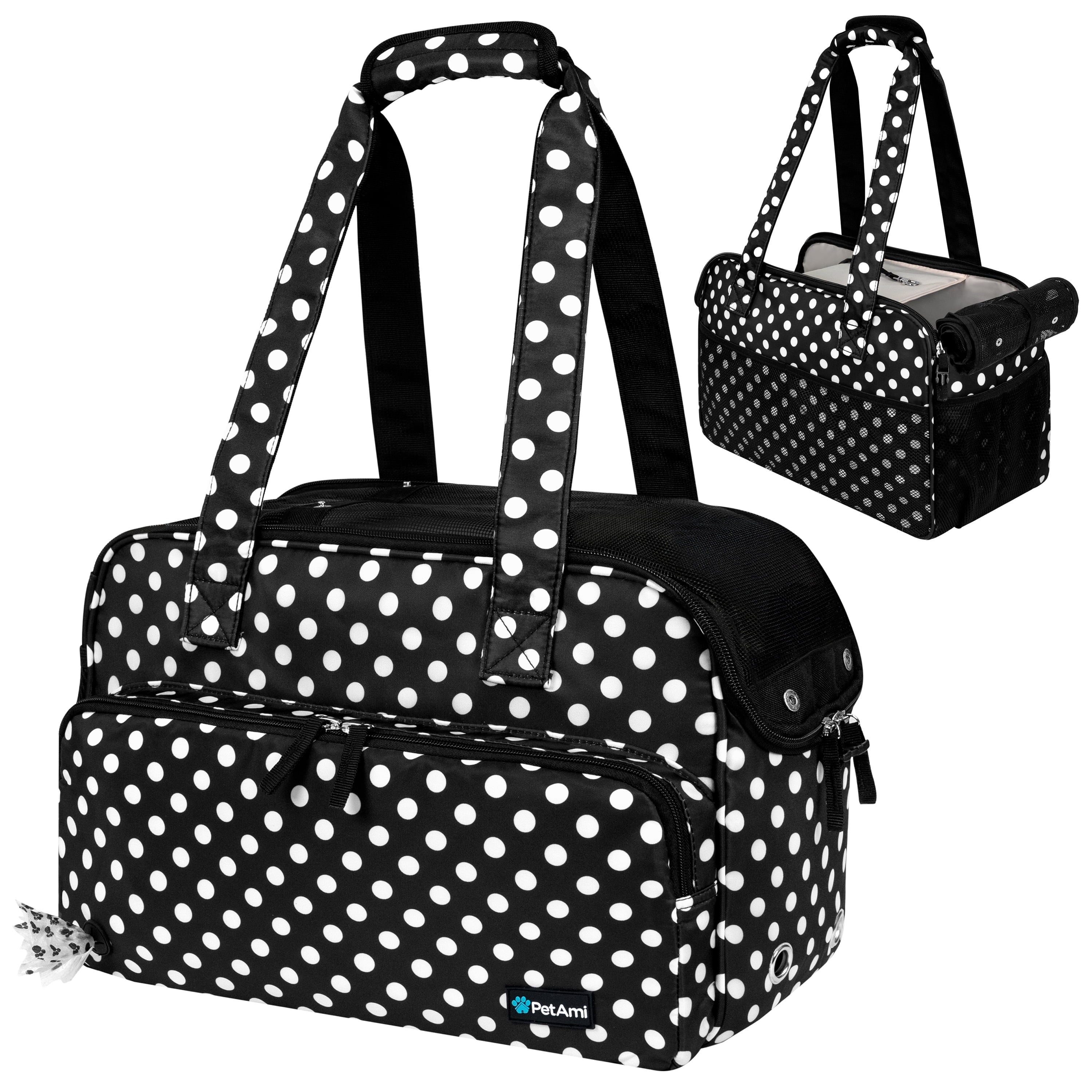 Small Dog Purse Carrier, Soft-Sided Pet Carrier Bag Pockets, Portable Medium Dog Puppy Large Cat Travel Handbag Tote, Airline Approved Breathable Mesh Poop Dispenser Sherpa Bed, Polka Dot Black