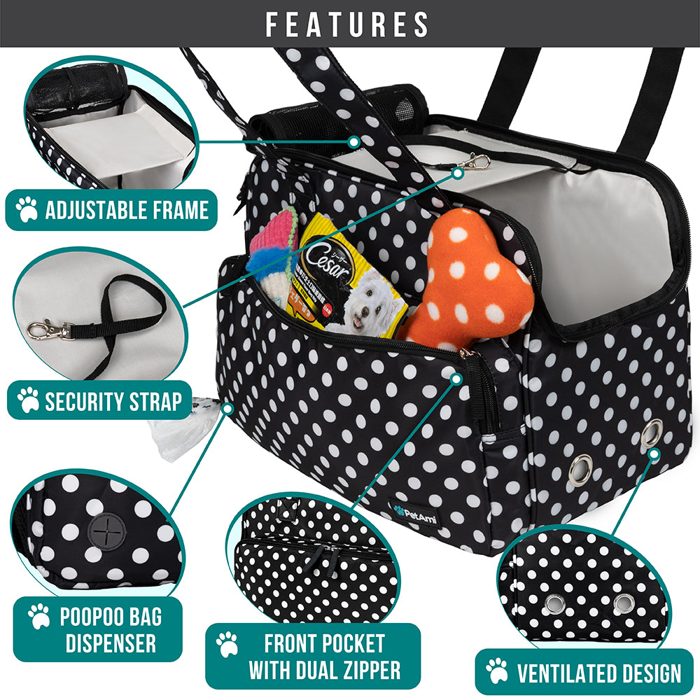 Small Dog Purse Carrier, Soft-Sided Pet Carrier Bag Pockets, Portable Medium Dog Puppy Large Cat Travel Handbag Tote, Airline Approved Breathable Mesh Poop Dispenser Sherpa Bed, Polka Dot Black