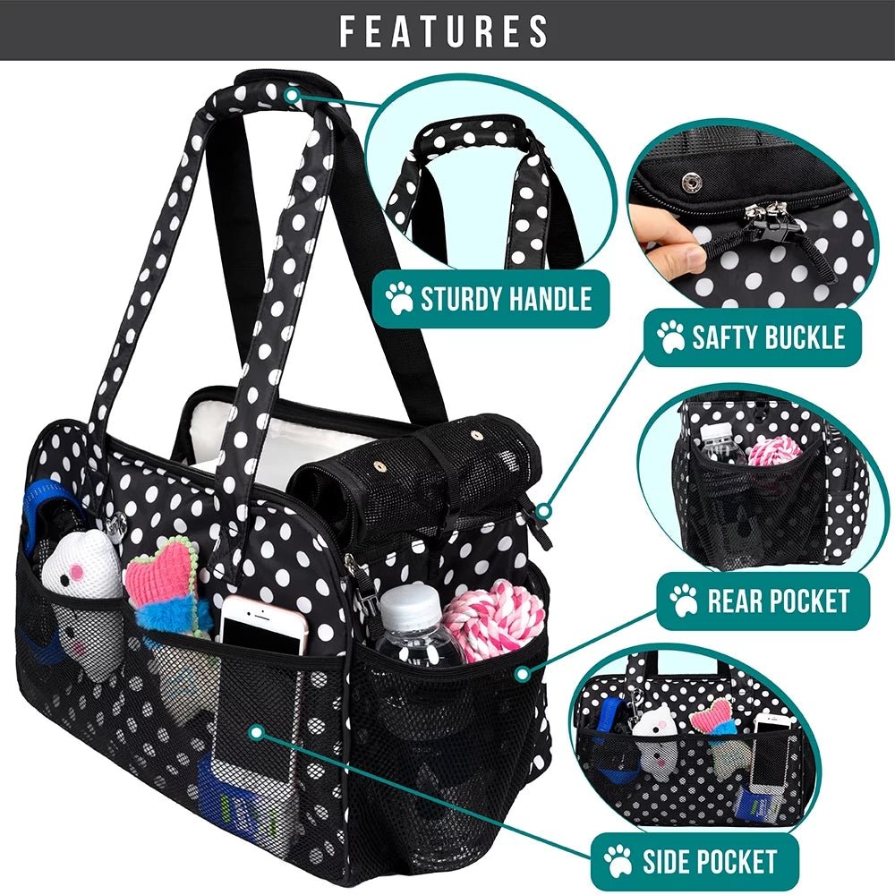 Small Dog Purse Carrier, Soft-Sided Pet Carrier Bag Pockets, Portable Medium Dog Puppy Large Cat Travel Handbag Tote, Airline Approved Breathable Mesh Poop Dispenser Sherpa Bed, Polka Dot Black