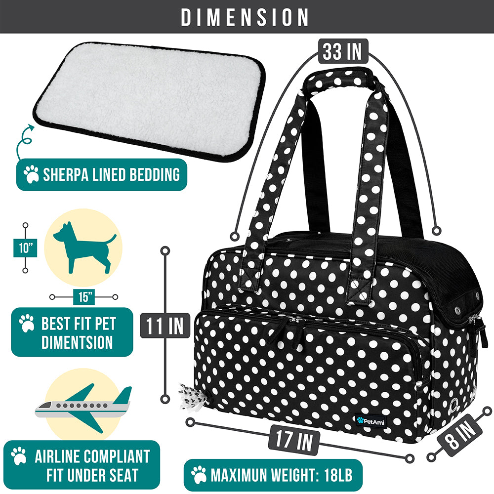 Small Dog Purse Carrier, Soft-Sided Pet Carrier Bag Pockets, Portable Medium Dog Puppy Large Cat Travel Handbag Tote, Airline Approved Breathable Mesh Poop Dispenser Sherpa Bed, Polka Dot Black