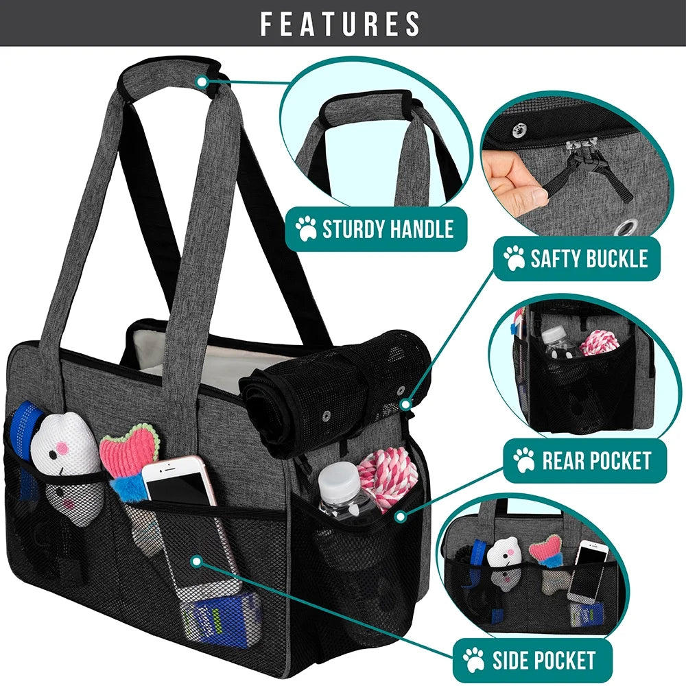 Small Dog Purse Carrier, Soft-Sided Pet Carrier Bag with Pockets, Portable Medium Dog Puppy Large Cat Travel Handbag Tote, Airline Approved Breathable Mesh, Poop Dispenser Sherpa Bed, Dark Gray